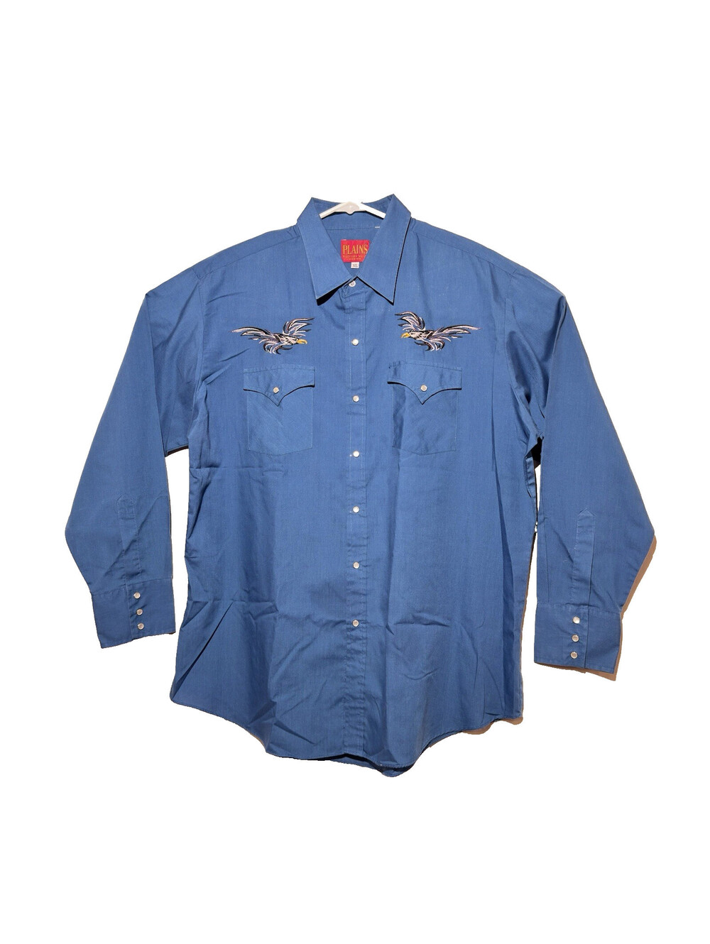 Vintage Plains Western Wear Pearl Snap Shirt XL Blue Eagle Embroidered USA